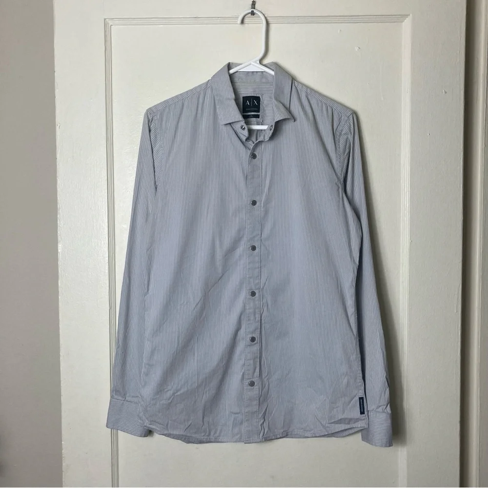 Armani Exchange gray textured stripe snap button up shirt mens S slim - Picture 2 of 11